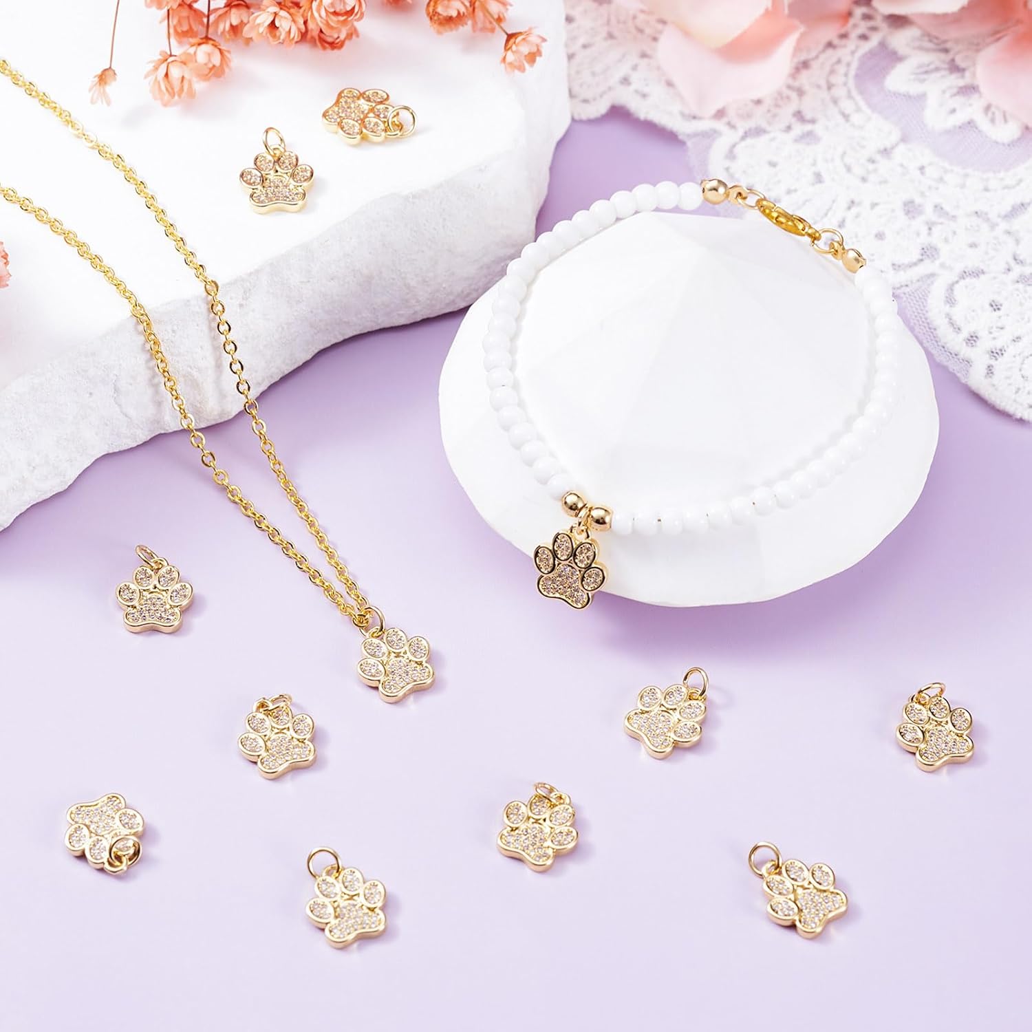 FASHEWELRY 10Pcs Brass Cubic Zirconia Dog Paw Print Charms 18K Gold Plated Footprint Charms Sparkling Animals Paw CZ Pendants for Bracelet Necklace Jewelry Making - Image 2