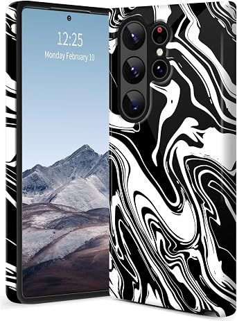 Slim Dual-Layer Hybrid Case for Galaxy S21 Ultra/S30 Ultra,Ultra Protective PC Hard Shell + Soft Silicone Cover,Shockproof,Scratch-Resistant,Anti-Yellowing Design,Black White Fluid Marble