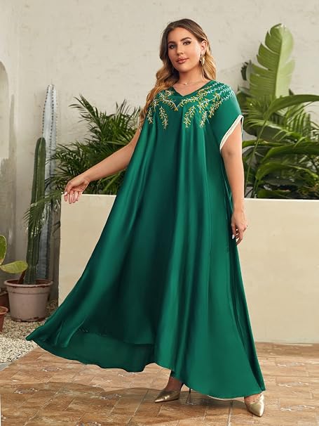 Amazon Co Jp 女性のためのドレス プラス 葉っぱ刺繡 ドルマンスリーブ ドレス Color Dark Green Size Xxl ファッション