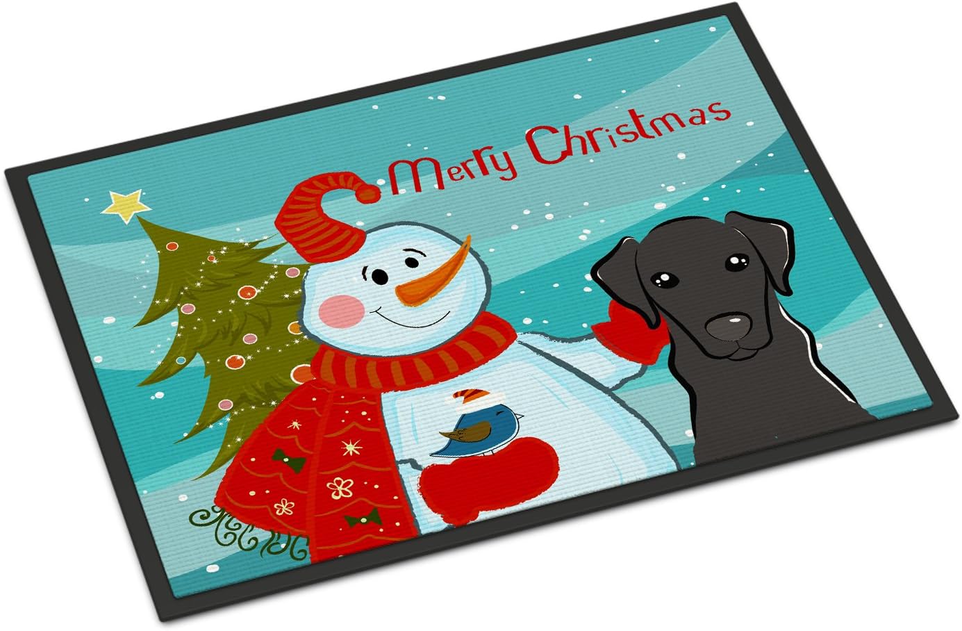 Caroline's Treasures BB1855MAT Snowman with Black Labrador Doormat 18x27 Front Door Mat Indoor Outdoor Rugs for Entryway, Non Slip Washable Low Pile, 18H X 27W