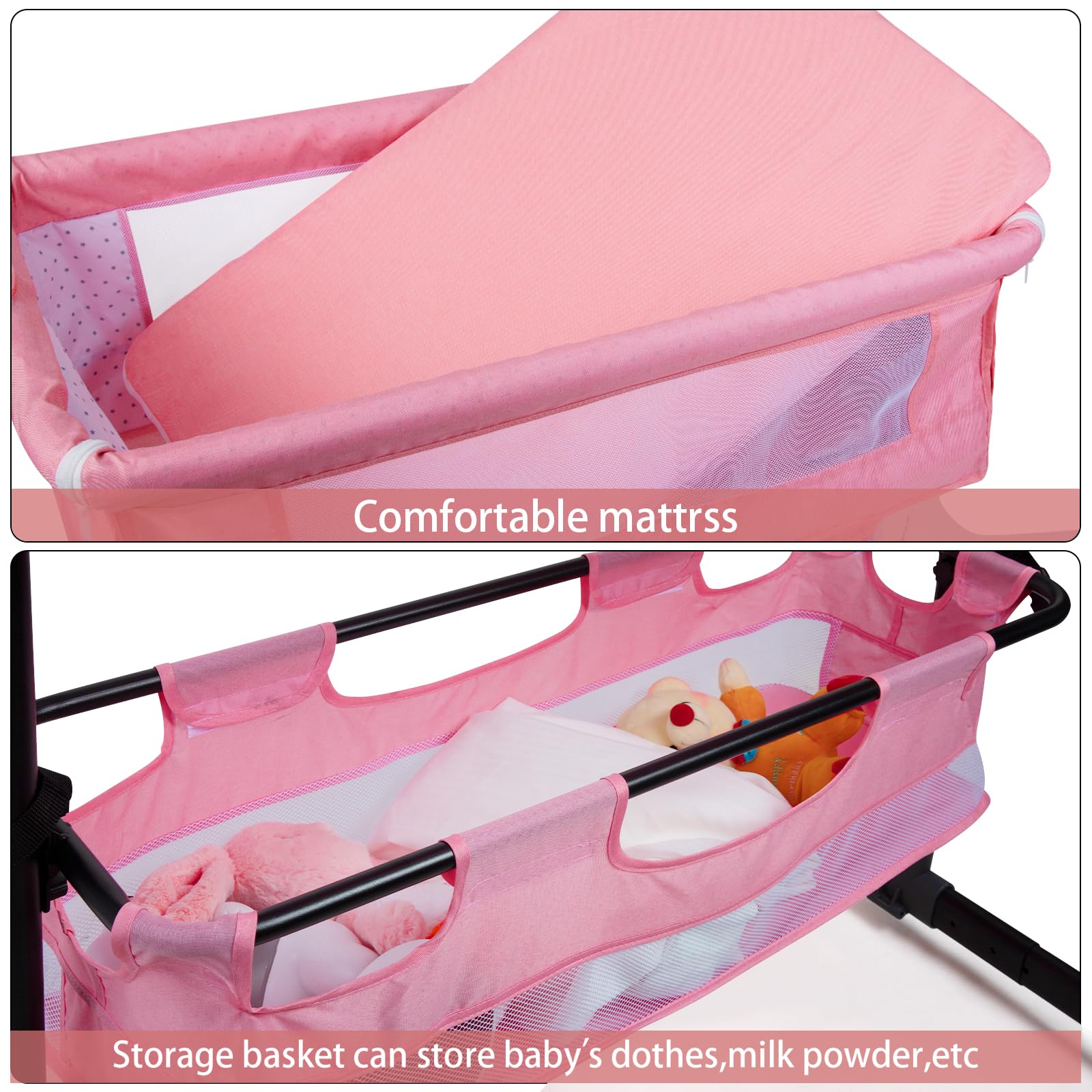 MMBABY Baby Bassinet Bedside Sleeper Bedside Crib Easy Folding Portable Crib 3 in 1 Travel Baby Bed with Adjustable Height,Breathable Net,Large Storage Bag and Mattress (Pink)