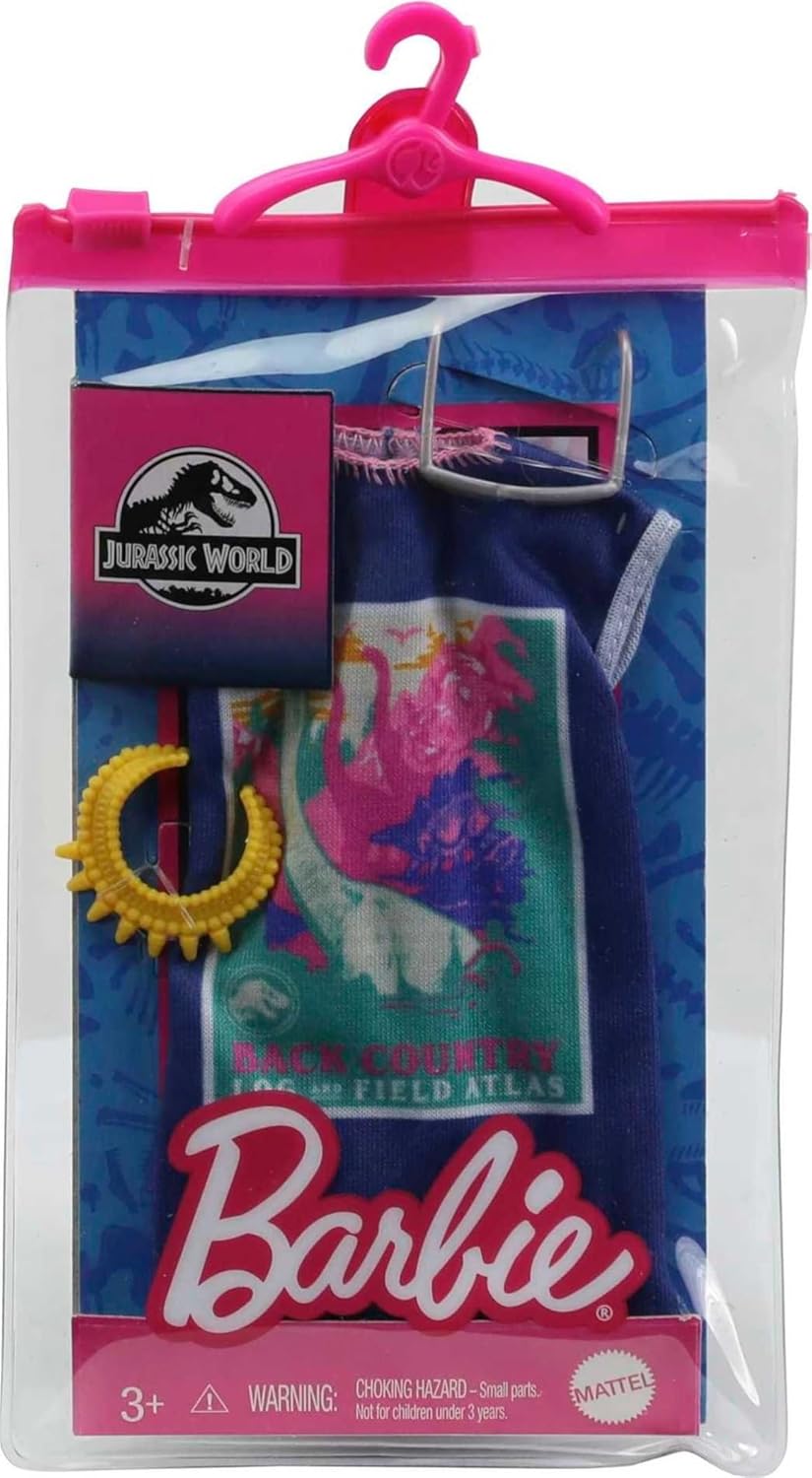 Barbie Doll Clothes Inspired by Jurassic World: Dominion, Complete Look with 2 Accessories, T-Shirt Dress with Colorful Dinosaur Graphic, Necklace & Silvery Sunglasses, Gift for Kids 3 to 8 Years Old