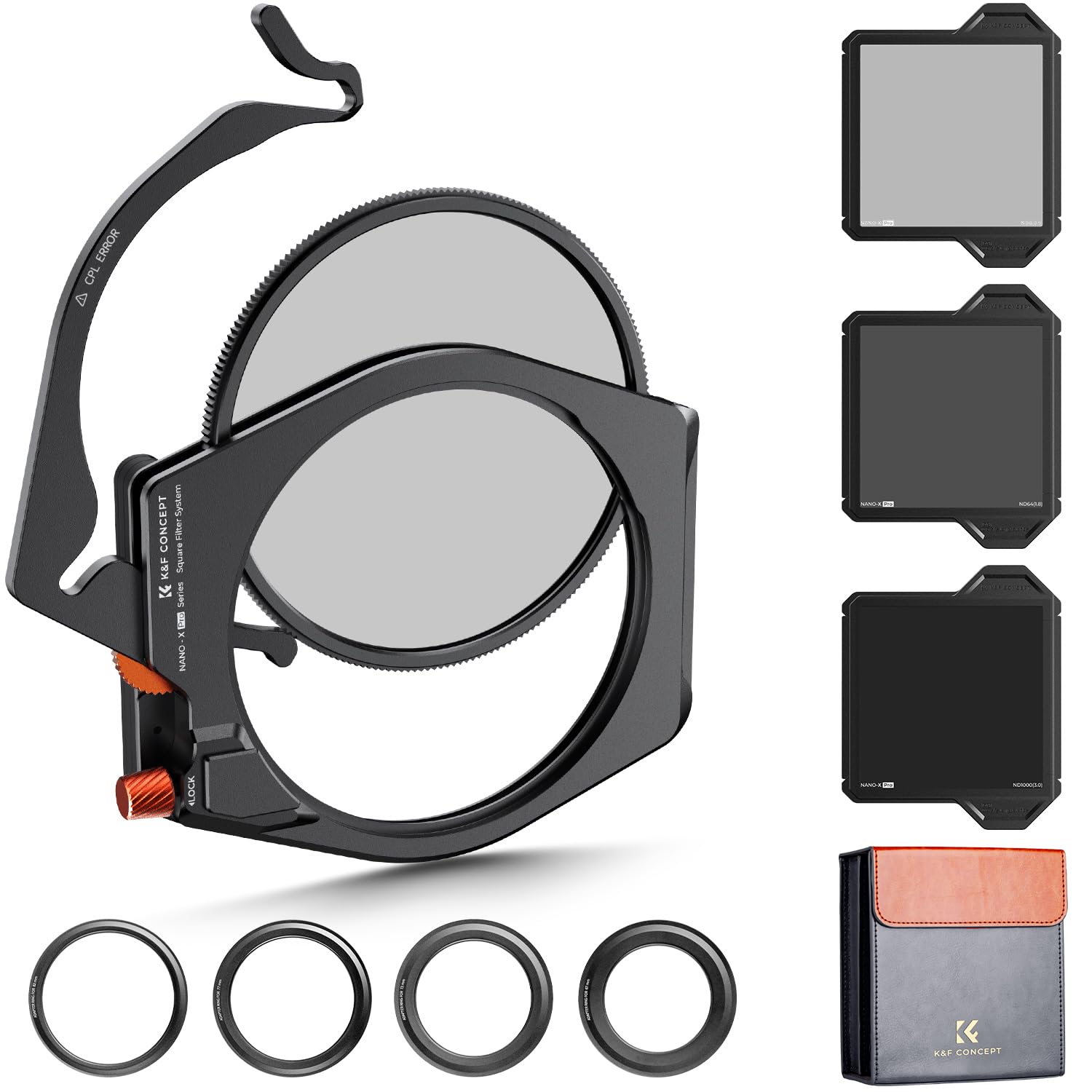 K&F CONCEPT X PRO Square Filter Holder System Kit (Filter Holder + 95mm Circular Polarizer + Square ND1000 Filter + ND8 + ND64 + 4 Filter Adapter Rings) for Camera Lens with36 Multi-CoatedClimeCo Certified