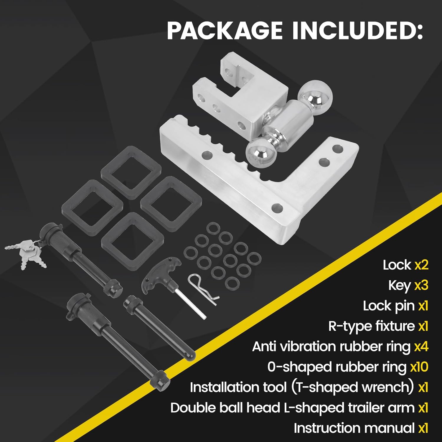 Adjustable Trailer Hitch for 2” Receiver, 12500 LBS GTW Aluminum - 8” Drop/Rise with 2-inch and 2-5/16 inch Dual Ball, w/Anti-Theft Lock & Tow Hitch Tightener Silver