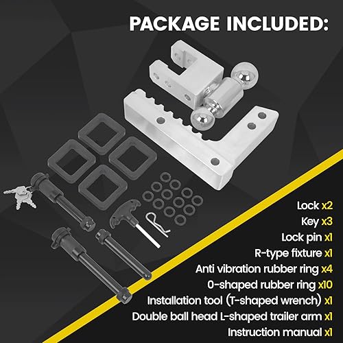 Miniatura 5 de Enganche de remolque ajustable para receptor de 2 pulgadas, aluminio GTW de 12500 libras - 8 pulgadas de caídaelevación con bola doble de 2 pulgadas