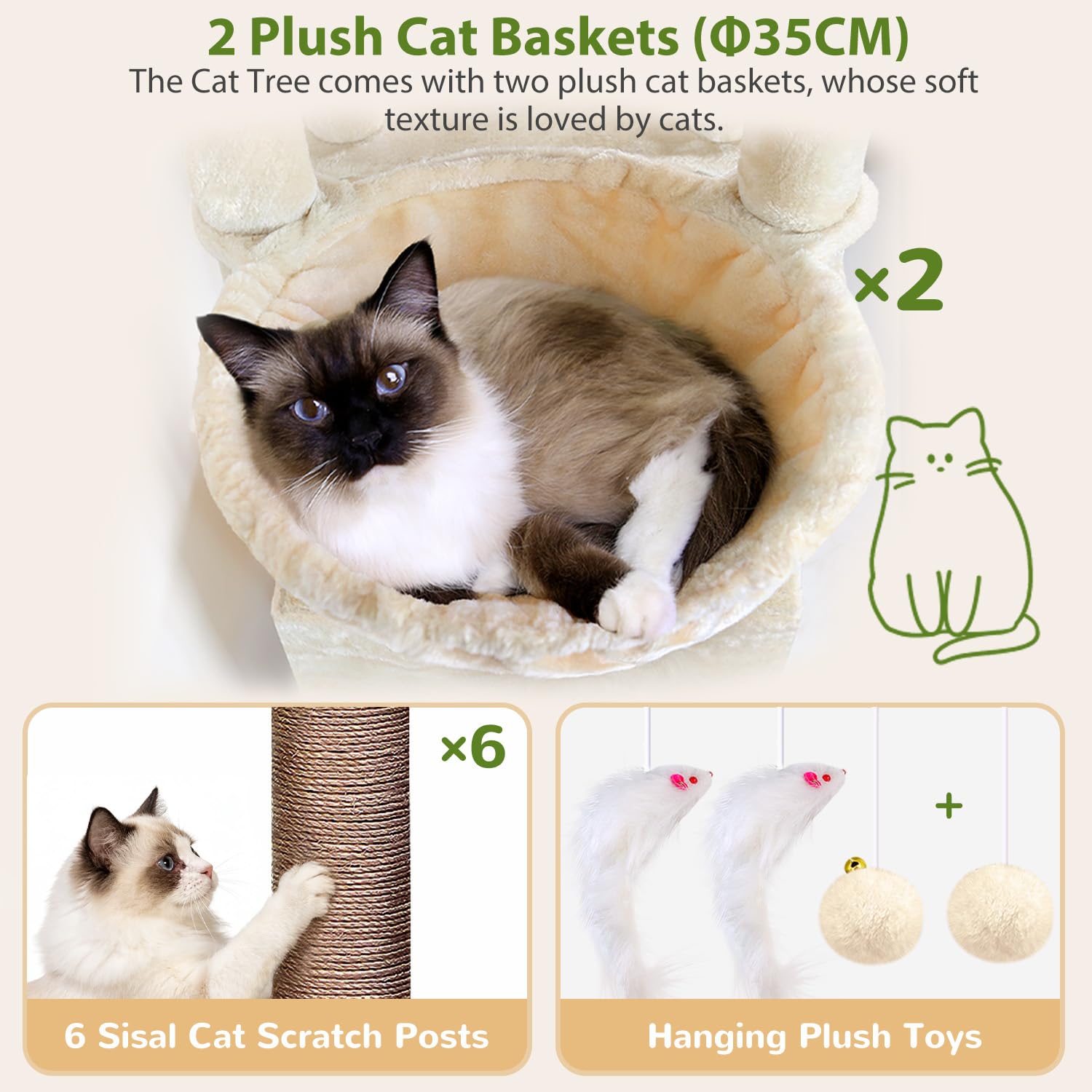 Globlazer Rascador beige XXL para gatos grandes, 192 cm, con 2 cuevas extragrandes, 50 x 30 x 30 cm, plataformas espaciosas, tronco de sisal, rascador estable con soportes para 3 – 5 gatos adultos