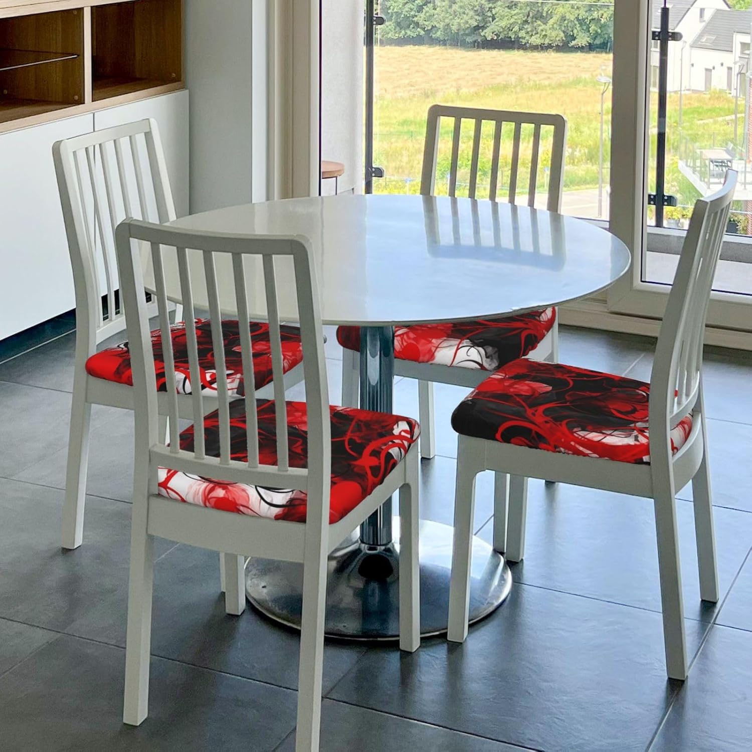 Red Black White Abstract Print Square Cushion Covers 6 Pcs Set Elastic Non-Slip Seat Cushion Slipcovers Pet Furniture Protectors for Chair, Sofa