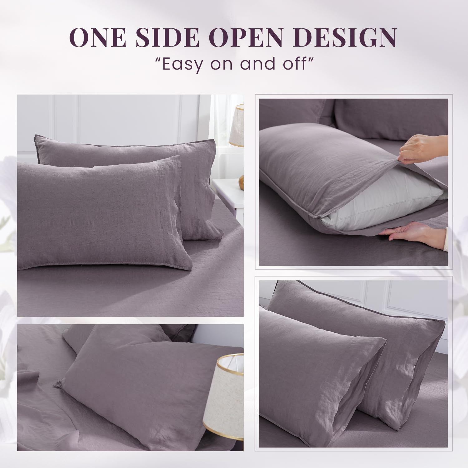 S VICTORY SYMBOL 100% Organic Linen Sheets Set Queen Size,Washed French Flax Bed Sheets 4 Pieces(2 Pillowcases,1 Fitted Sheet,1 Flat Sheet) Dusty Purple,Natural Linen Bedding