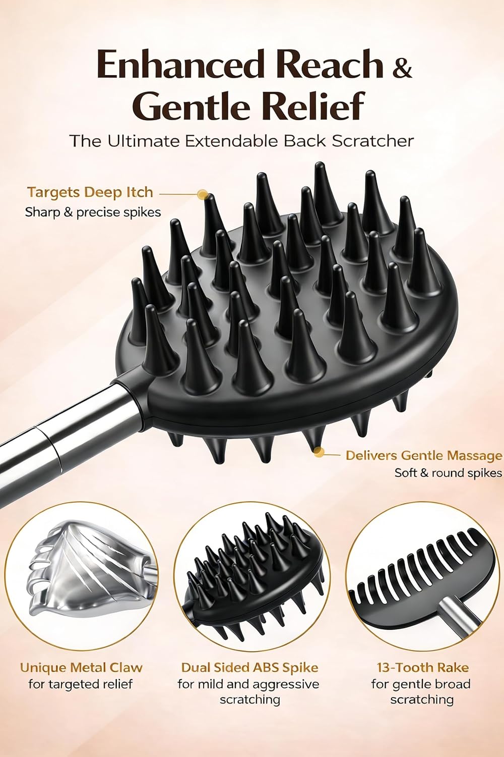 Gumry Versatile Back Scratcher, Portable Telescoping Extendable Back Massager Tool with Different Heads & Rubber Handles, Stocking Stuffers Birthday Gift for Men Fathers Dad Women - Black