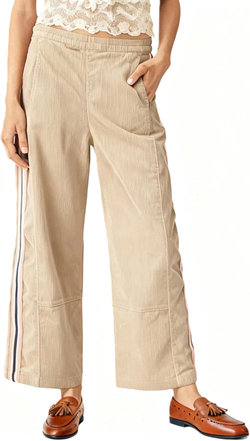 Majdan Womens Corduroy Pants Casual Elastic Waist Barrel Pants Wide Leg Cropped Trousers with Pockets