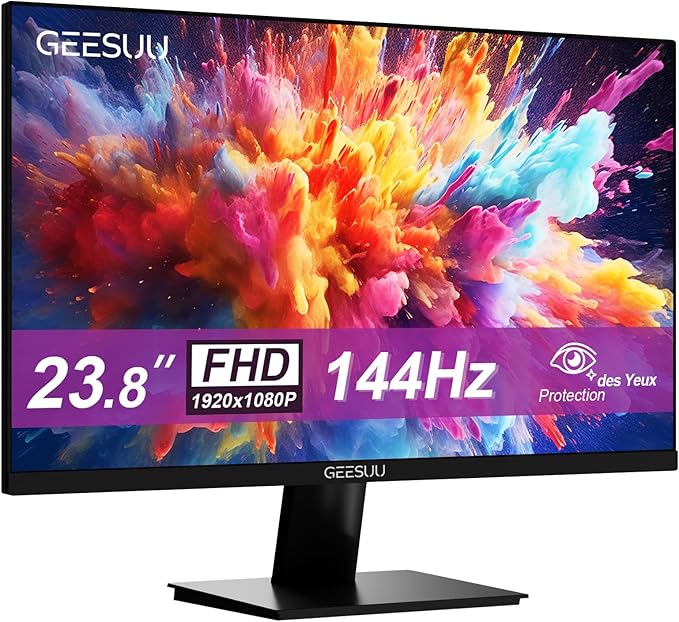 Ecran 24 Pouces, 144hz PC Gaming Moniteur, Full 1080p, VA écran Ordinateur, 6ms, Eye-Care Moniteur, Lowblue, 99% sRGB, VESA 75x75mm, HDMI 2.0 & DP 1.4