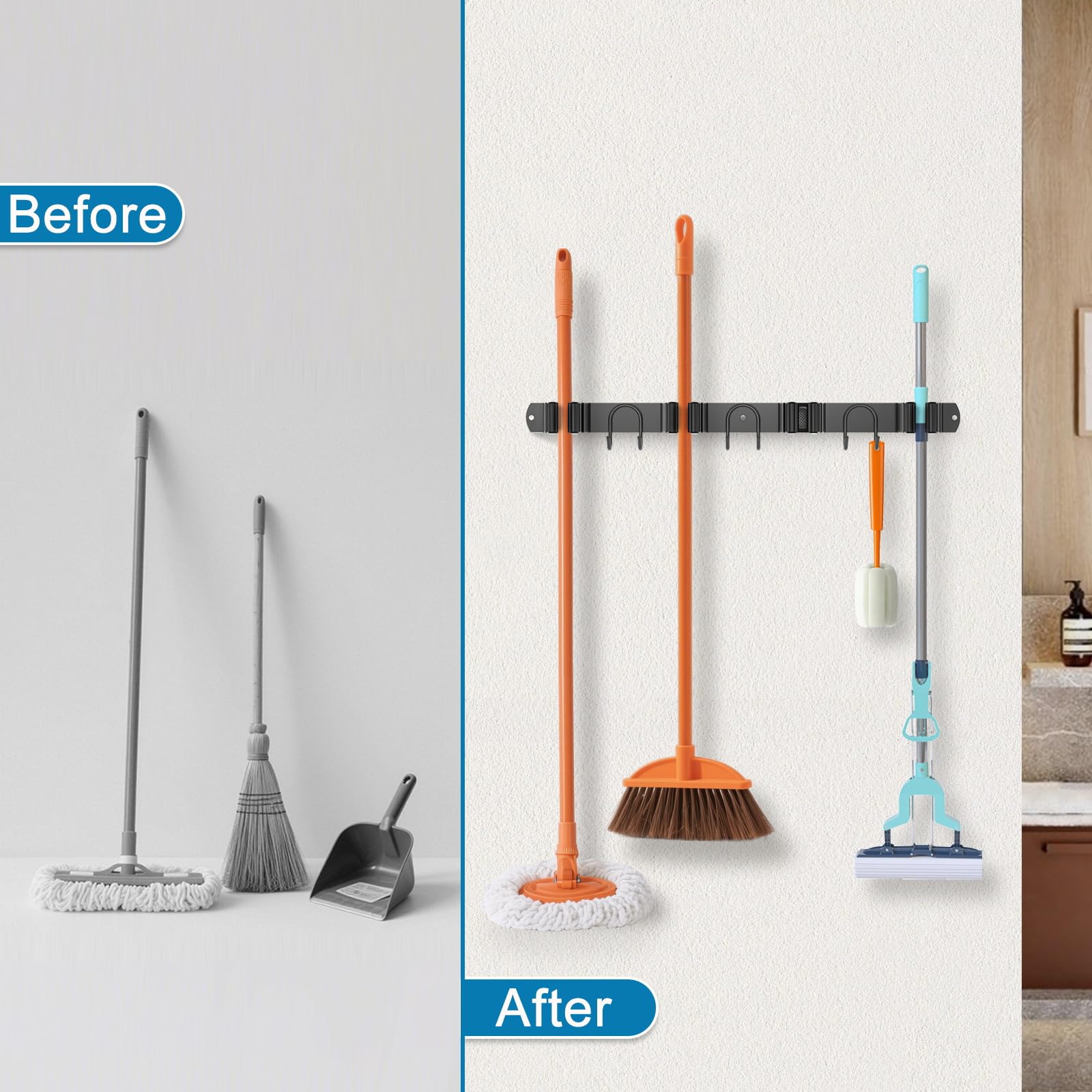 Soporte de pared para escoba de fregona, organizador de almacenamiento de herramientas de acero inoxidable negro para cocina, jardín, garaje, cuarto de servicio, baño y RV con 4 ranuras y 6 8