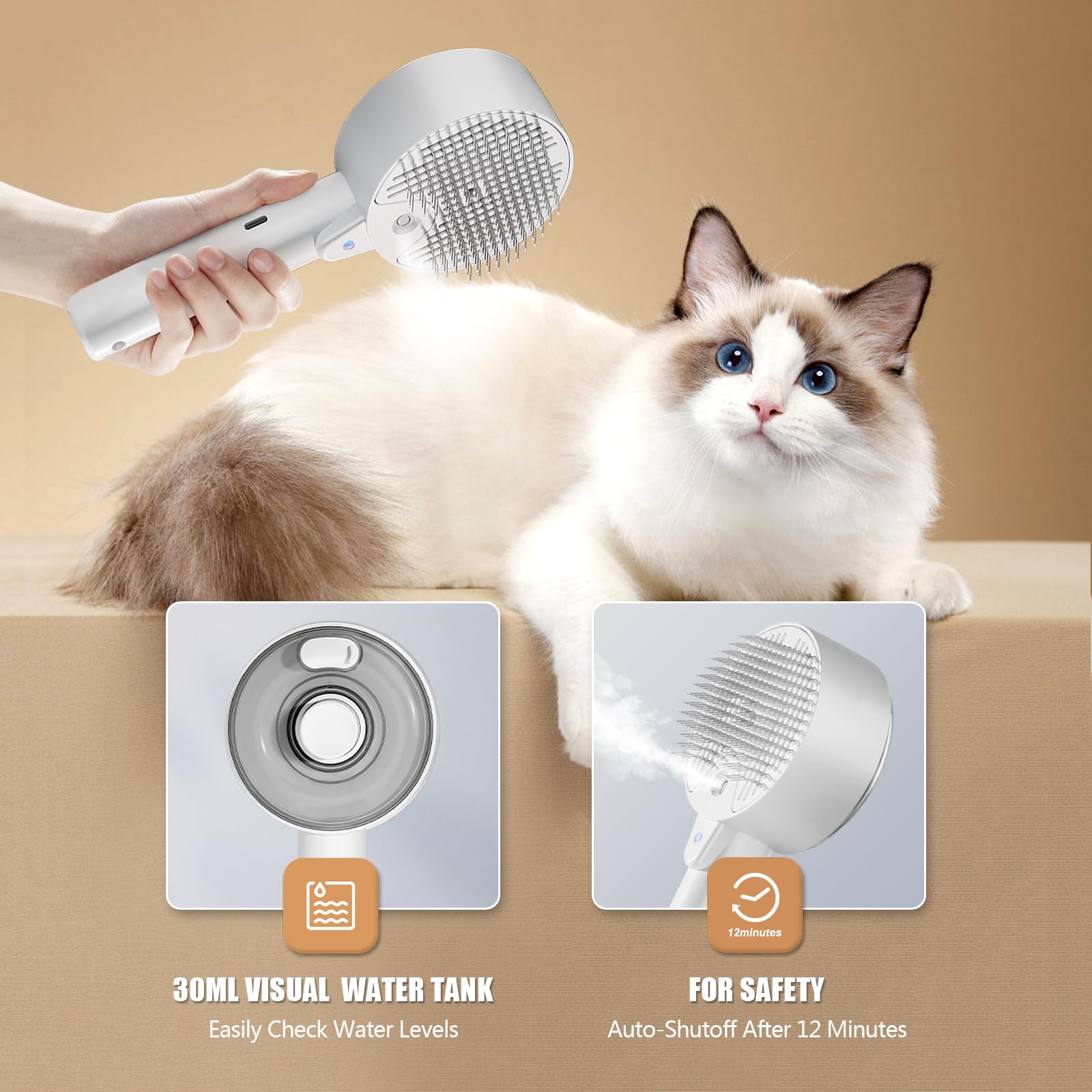 Een oplaadbare 3-in-1 multifunctionele kattenverzorgingsborstel - zelfreinigende stoomborstel voor massage en ontharing van huisdieren