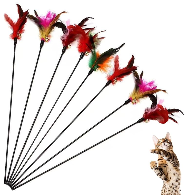 Brinquedo Interativo para Gatos com Varinha, Penas Coloridas e Guizo KABASI CatFeather8PCS – Pacote com 8