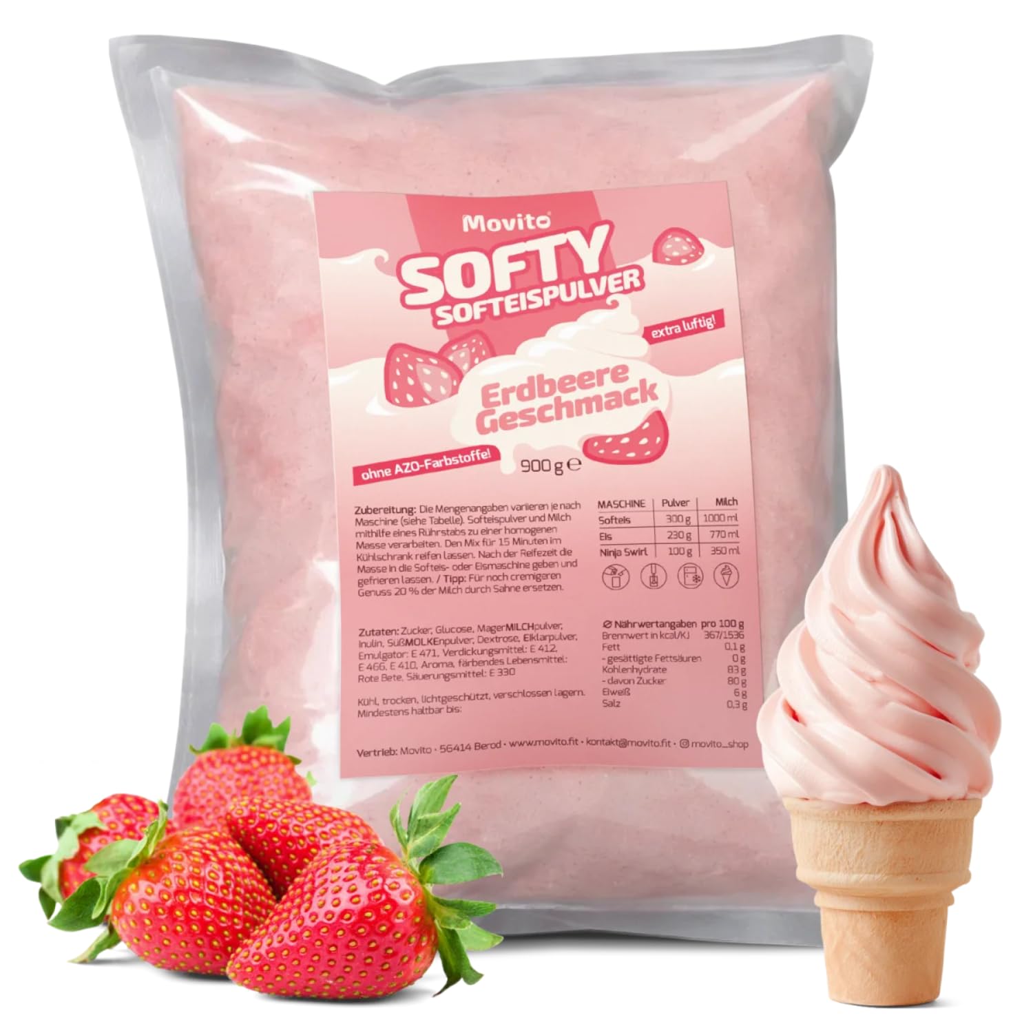 Softeispulver Set Erdbeere & Schokolade | 2 x 900 g | Bis zu 8 L | Bis 8 Liter, 2 Sorten im Set, 900 g pro Packung