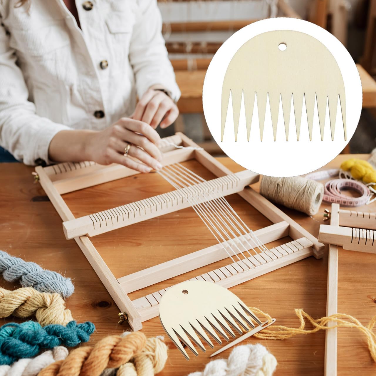 HEALLILY Wooden Weaving Comb Small Sawtooth Lightweight Craft Tool with Hanging Hole for DIY Tapestry Weaving Accessories 2.99X2.75In