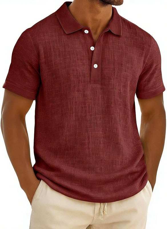Mens Casual Shirts Short Sleeve Polo with Collar | Classic cotton-linen short sleeve polo shirt with button placket and collar, breathable and soft for casual summer outfits