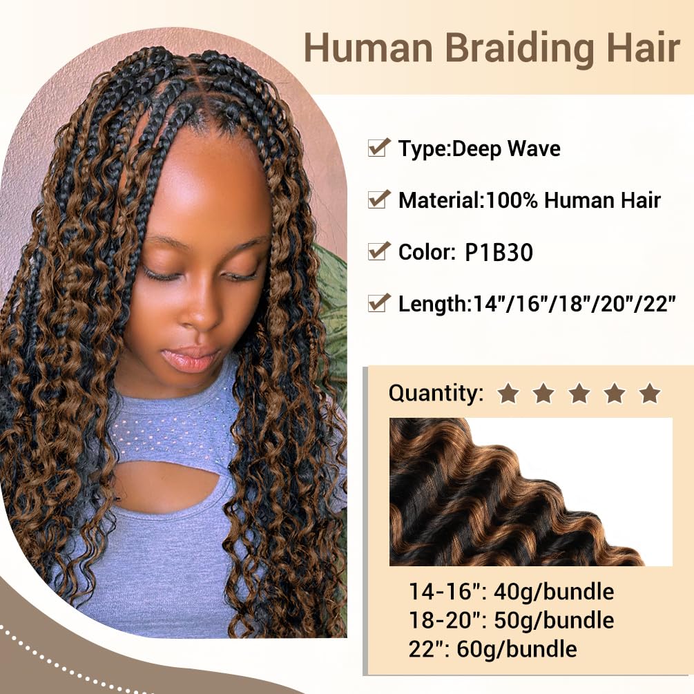 Human Braiding Hair for Boho Knotless Braids 2 Bundle 16 Inches 80g Deep Wave Bulk Human Hair for Braiding Hair Wet and Wavy 10A Brazilian Virgin Human Hair Balayage Black to Brown 1BP30