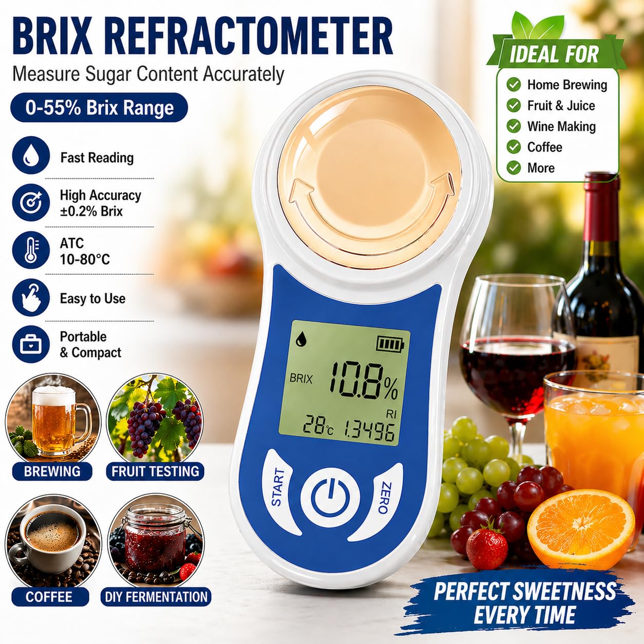 Refractómetro Brix de bolsillo de mano, compensación automática de temperatura con LCD, medidor digital de azúcar recargable para contenido de azúcar líquido, rango de 0-55%, precisión de ±