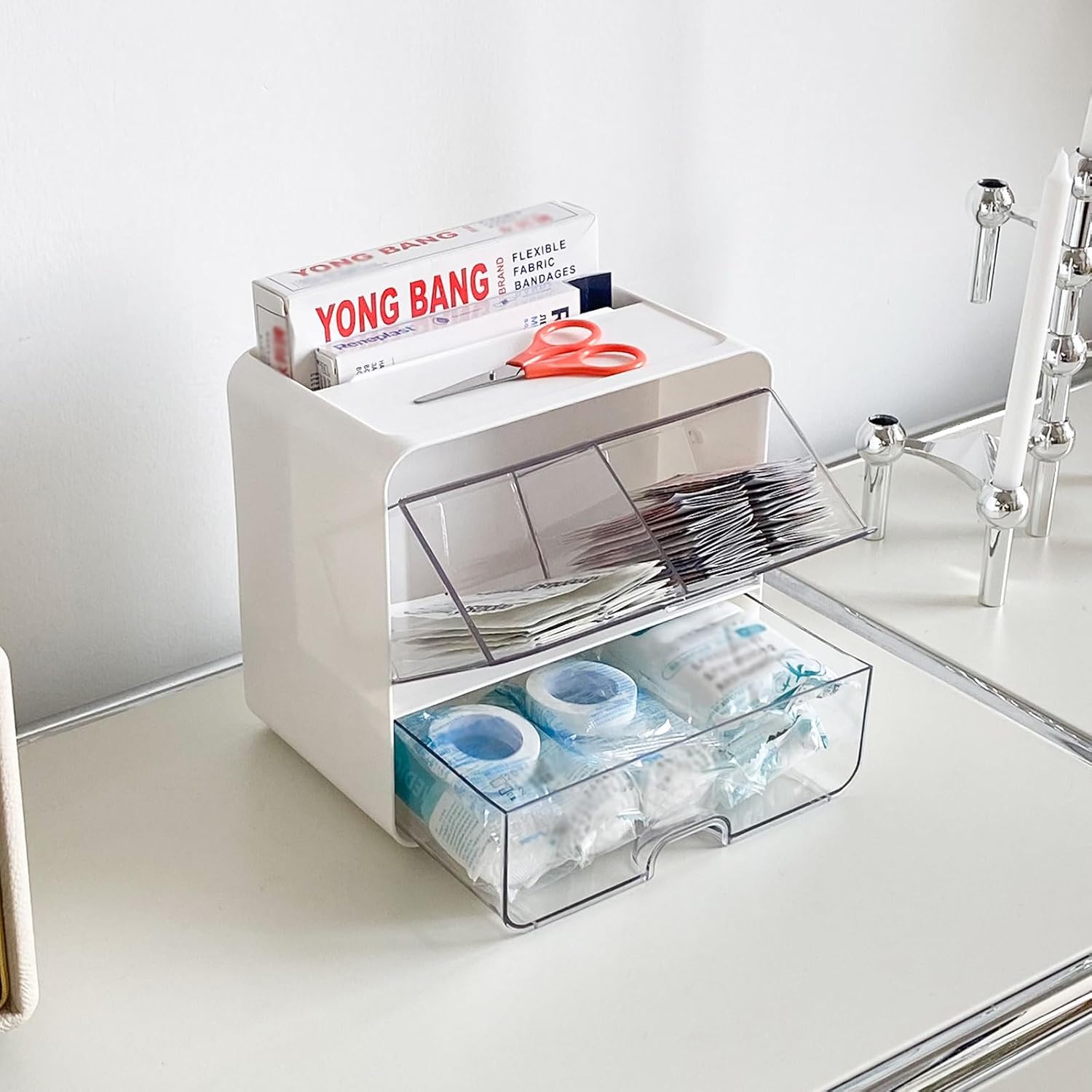 2 Pack Bandage Storage Organizer for Wall, Plastic Medical Supplies Container for Home Medicine Cabinet, Elastic Bandage Wrap, Cotton Swabs