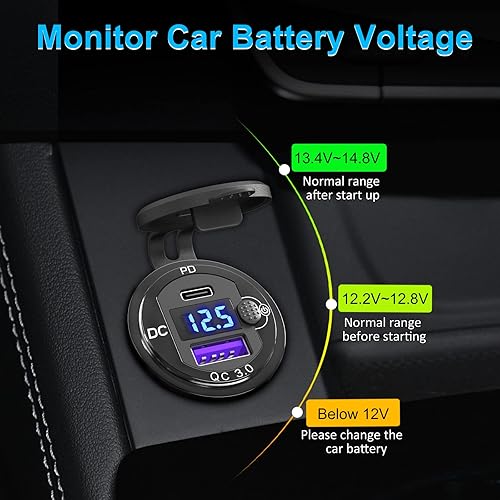 Miniatura 4 de 12V USB Outlet Qidoe 18W Carga rápida 3.0 y 20W PD con interruptor voltímetro cargador de aluminio para coche marino camión, motocicleta, barco