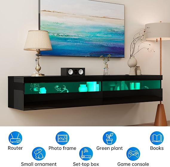 180cm Floating TV Stand with LED Lights & Power Socket, High Gloss Modern Media Unit with Storage 71, Wall Mounted TV Cabinet for 65/75/80 inch TVs,Black