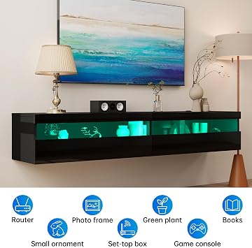 180cm Floating TV Stand with LED Lights & Power Socket, High Gloss Modern Media Unit with Storage 71, Wall Mounted TV Cabinet for 65/75/80 inch TVs,Black