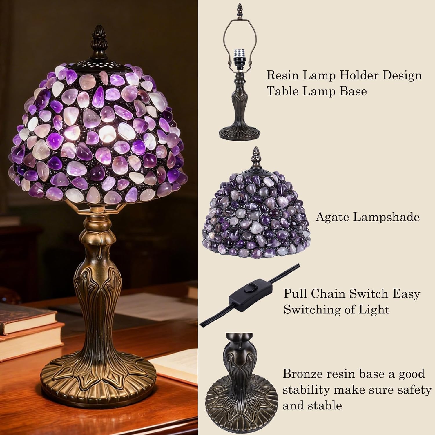 Tiffany lamp Agate Amber Stained Glass Table Lamp 15.7X8X5 Inches Antique Vintage Tiffany Style Lamp for Bedroom Living Room Office,Luxury Bedside Night Light