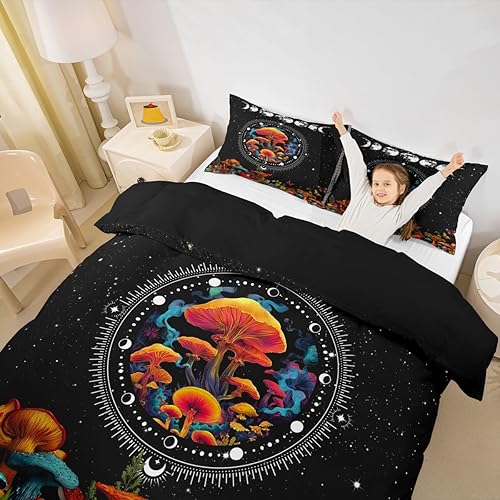 Miniatura 30 de Juego de funda de edredón de 3 piezas, diseño de hongos, diseño de hojas botánicas de acuarela y fresa, para niños, adolescentes, adultos, libélula