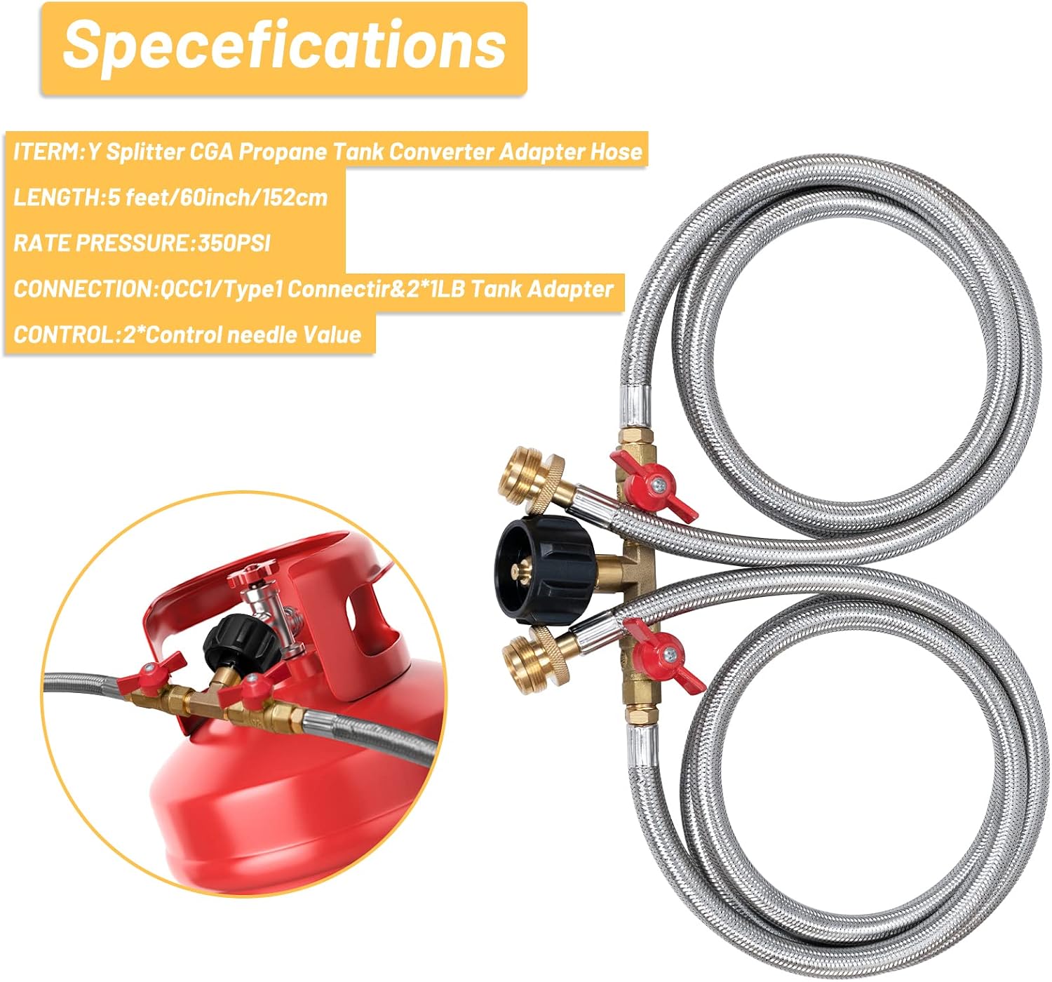 Propane Y Splitter Hose 2 Way Stainless Steel Braided Y Splitter CGA Propane Tank Converter Adapter Hose 5 FT Propane Hose Adapter 1lb to 20lb for QCC1/Type1 20lbs Tank, Camping Stove,Gas Grill,Heater