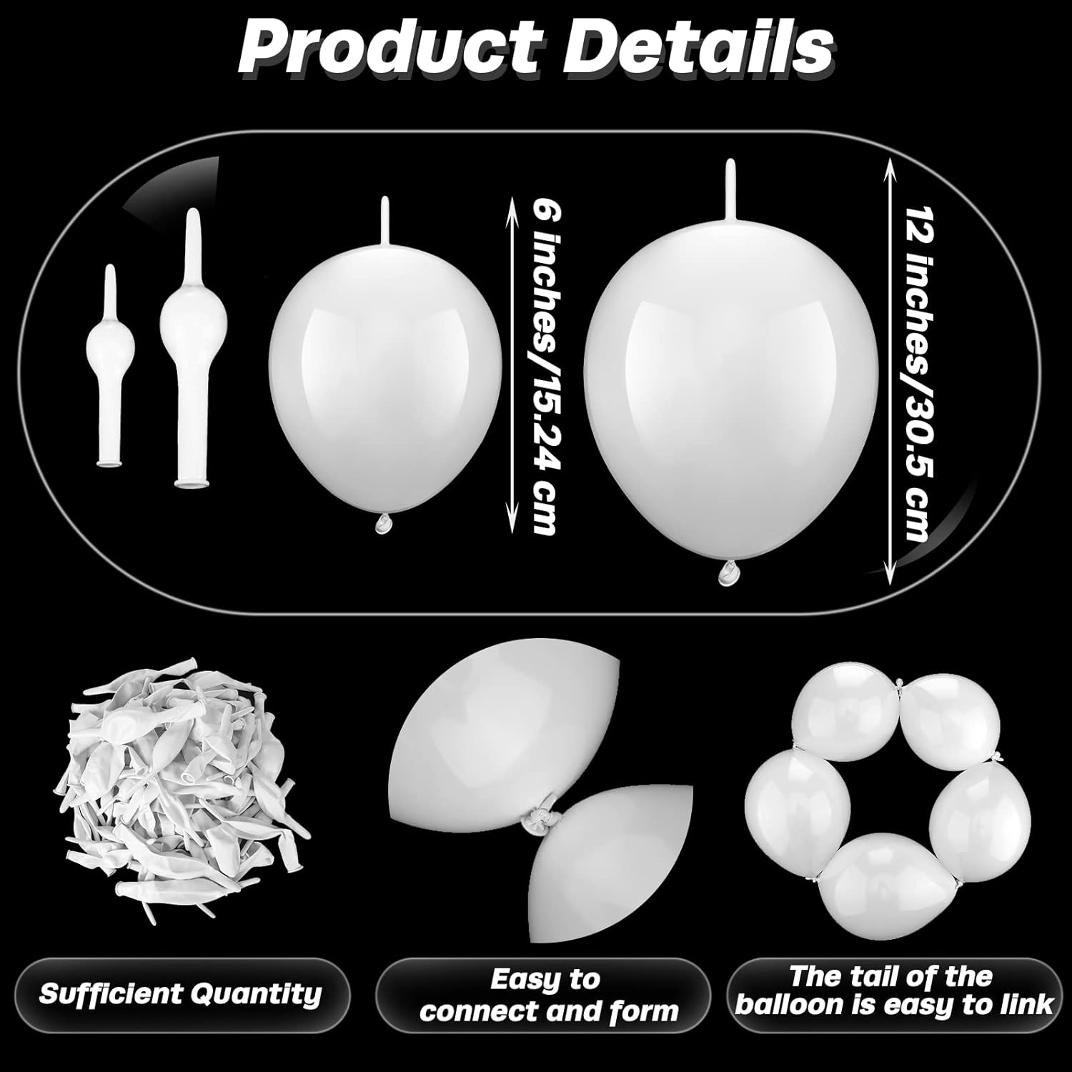 120 Pcs White Link Balloons Needle Tail Quick Linkable Latex Balloons 12 Inches and 6 Inches for Birthday Party Wedding Anniversary Graduation Arch Christmas Party Decorations