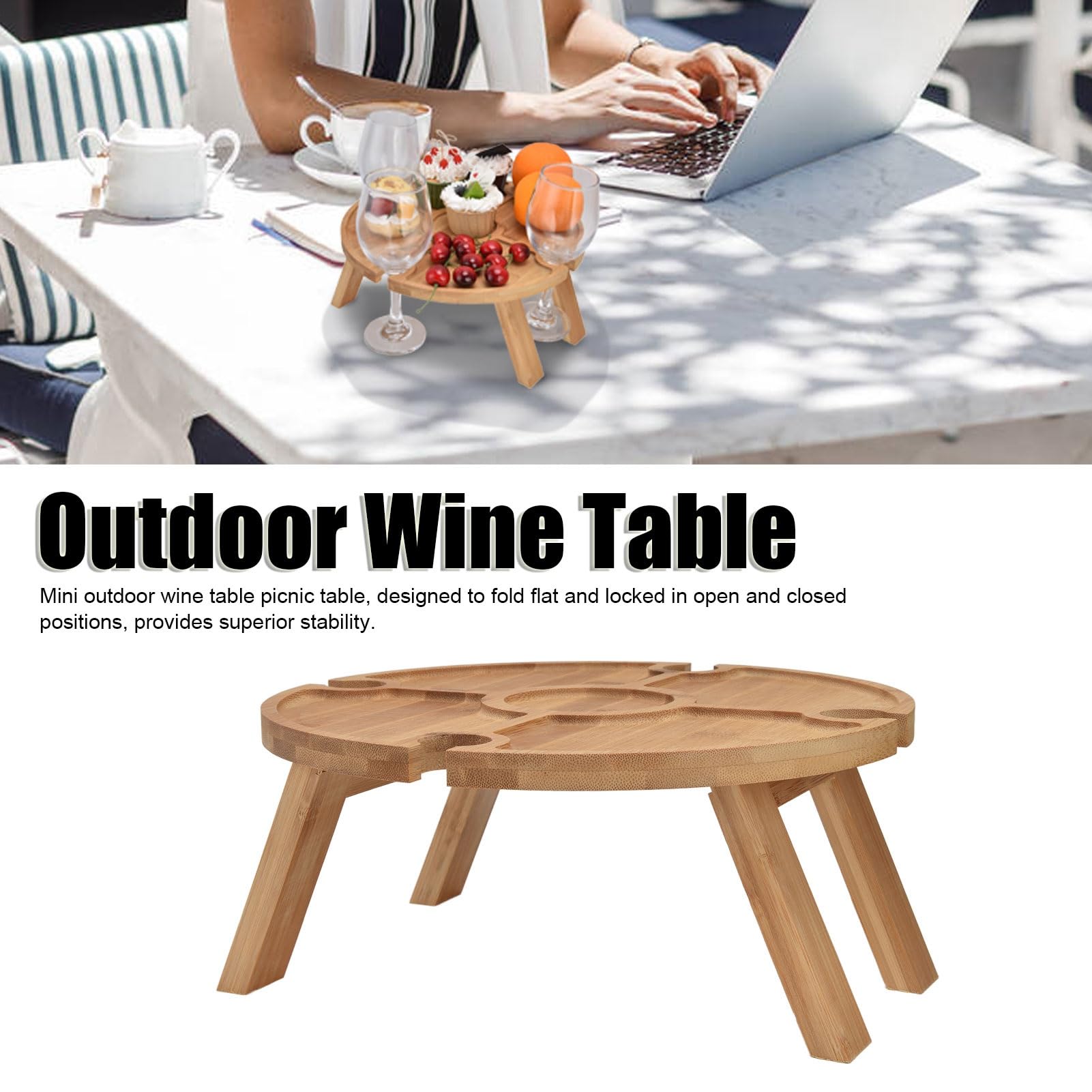 Tavolino pieghevole in legno per esterni, con supporto per vino, perfetto per campeggio, trekking, picnic e cene all'aperto, design portatile e leggero