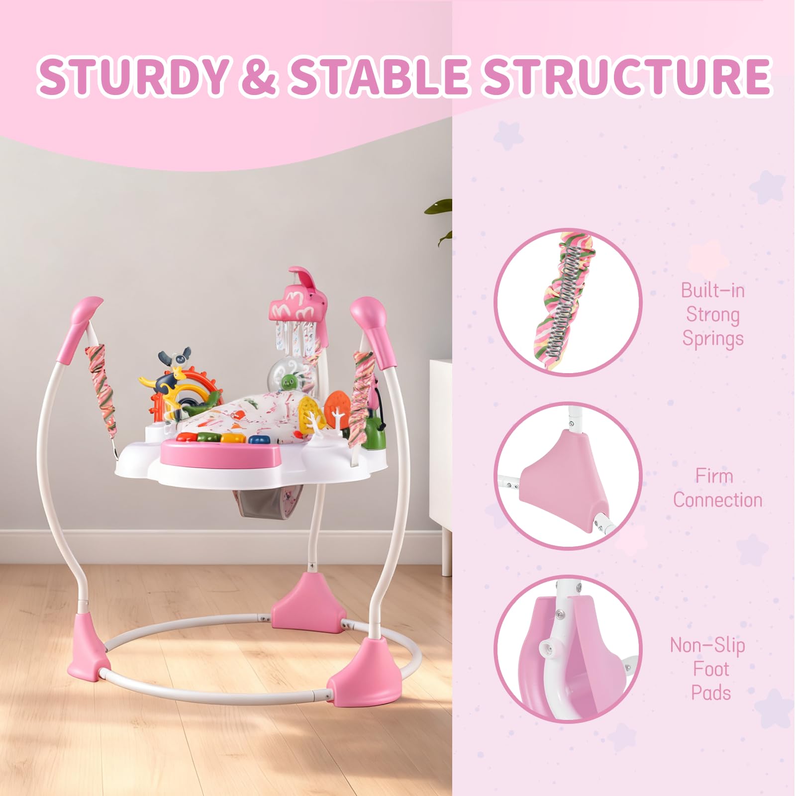 GYMAX Baby Jumpers & Bouncers, Interactive Baby Jumperoo Activity Center with 360° Rotary Seat, 3 Adjustable Heights, Music, Lights, Interactive Toys, Toddler Bouncer for 6 Months+ (Pink) — view 3