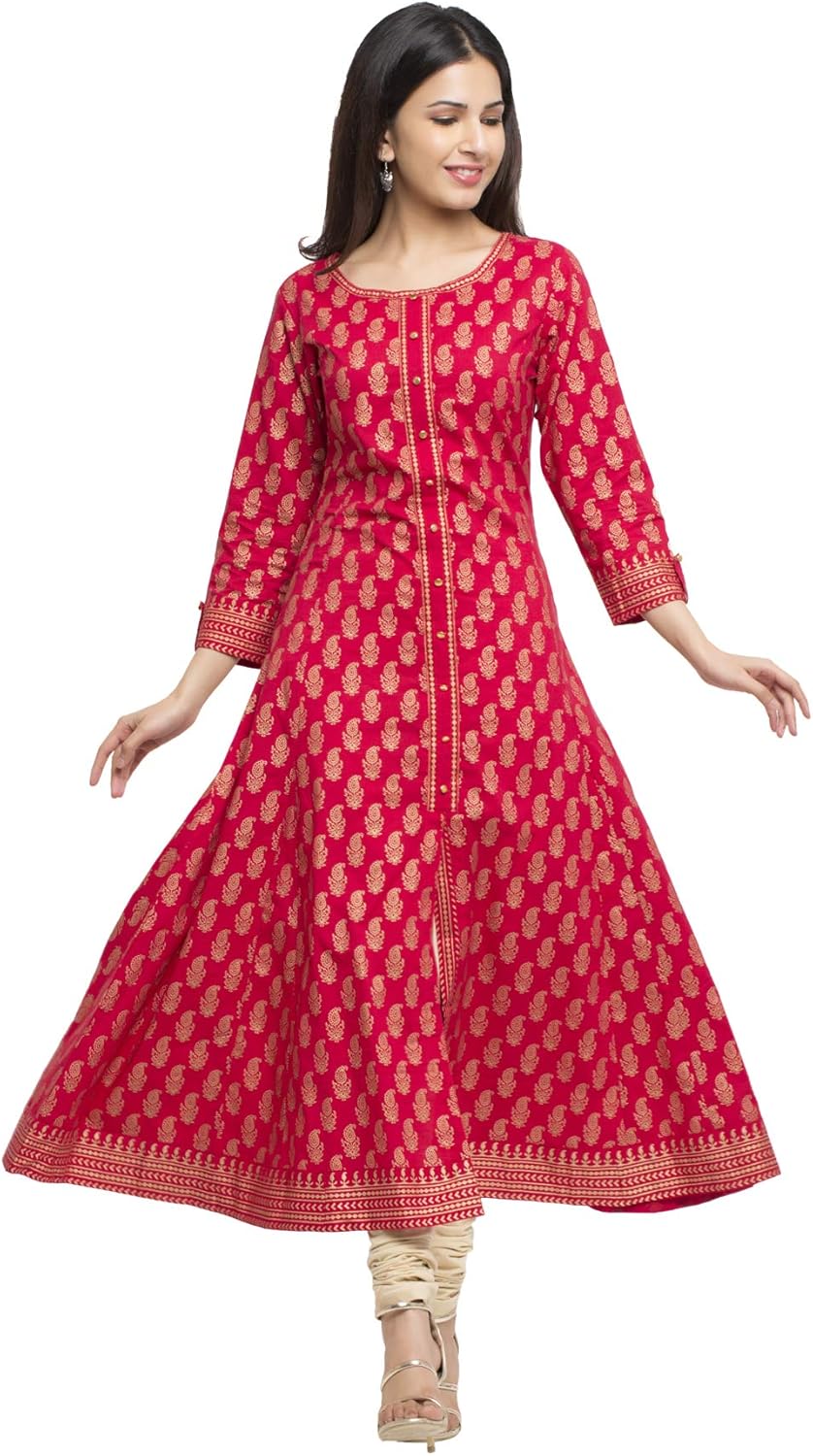 Yash Gallery Women's Plus Size Cotton Calf Length Flared 3/4 Sleeve Anarkali Kurta Dress For Summer - Image 5