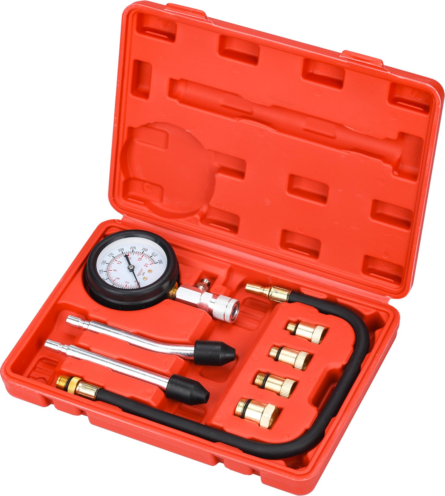 Testeur de Compression de Cylindre, Compressiomètre pour Moteurs à Essence, 0-20 bar & 0-300 psi avec 4 Adaptateurs M10 M12 M14 M18 (Rouge)