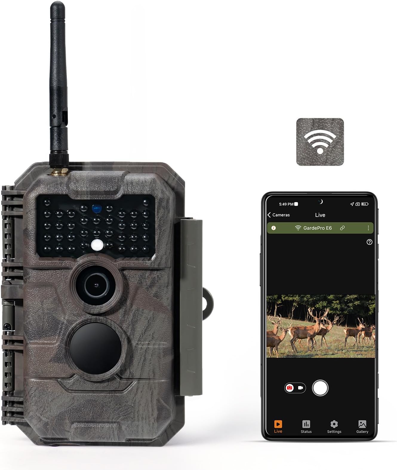 GardePro E6 WiFi Trail Camera (Non-Cellular), Stable WiFi with External Antenna, On-Site App Viewing, 64MP 1296P HD, No-Glow Night Vision, Motion Activated Waterproof Game Camera