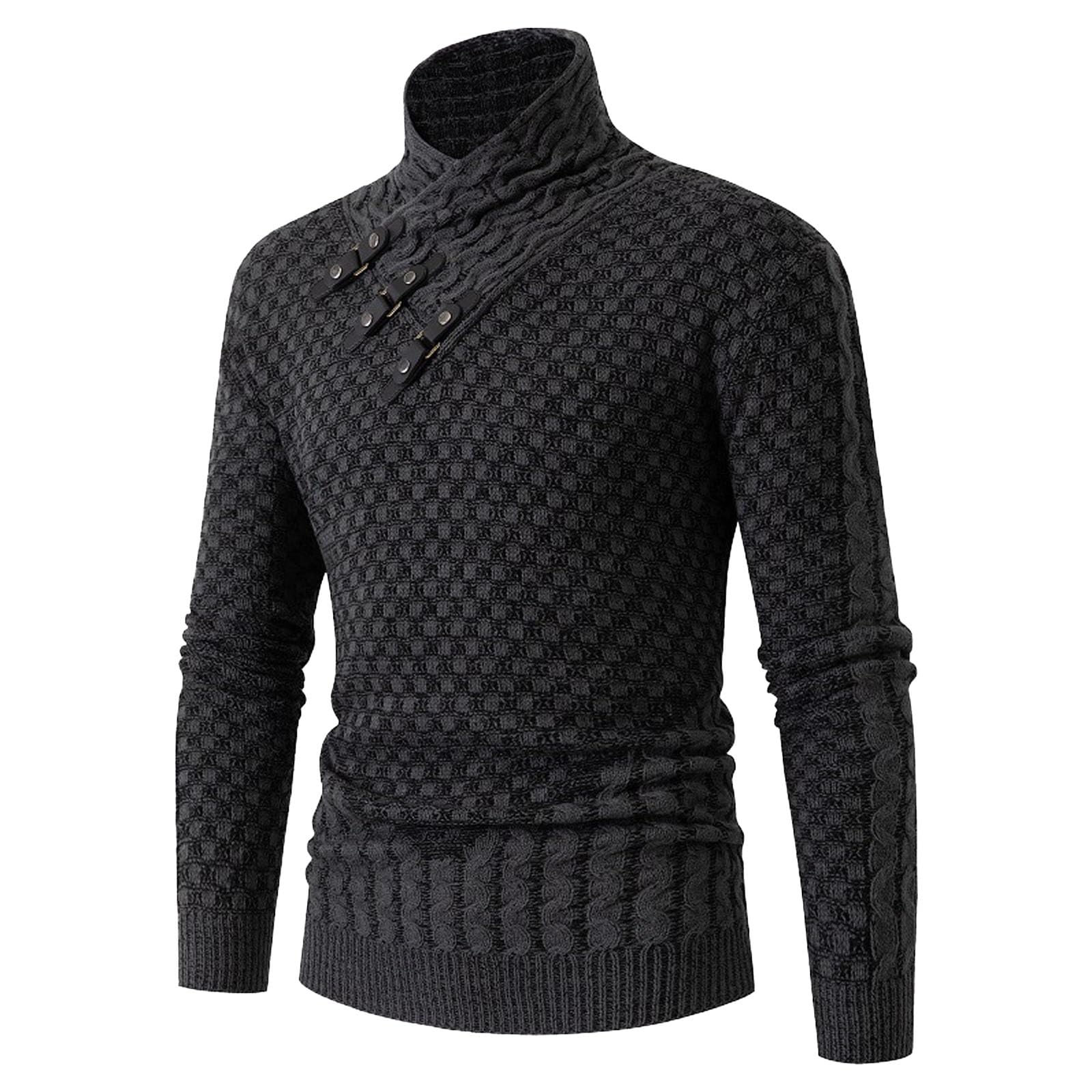 Maglione da uomo a collo alto a maniche lunghe in maglia con collo a scialle | Slim Fit Designer,Felpa di base,Collare con fibbia in pelle sciarpa,Maglione vestibilità regolare per l'inverno