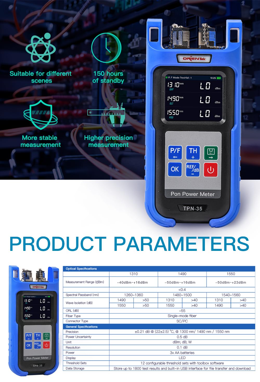 TPN-35 1310/1490/1550nm PON Power Meter, Fiber Optical Power Meter, PON Network Tester, Fiber Optic Power Meter OTDR Tester