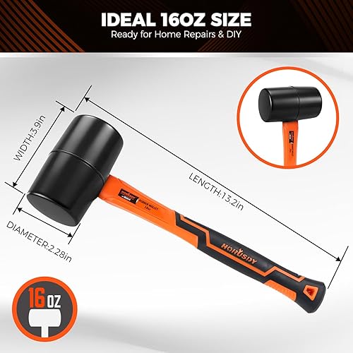 Miniatura 2 de HORUSDY Martillo de mazo de goma duradero de 16 onzas con mango de fibra de vidrio, herramienta de soplado que no daña para pisos, estacas