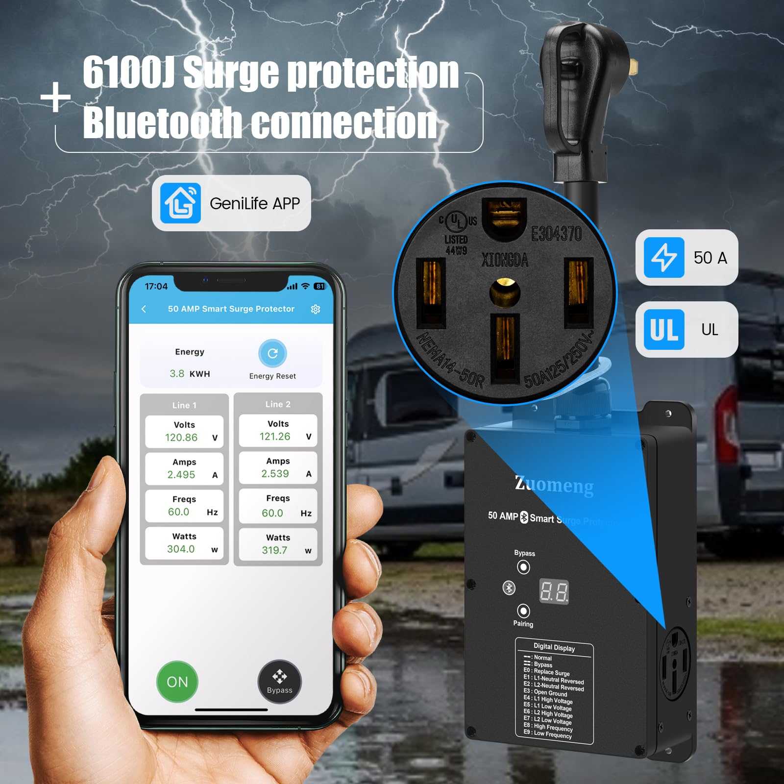 Zuomeng Bluetooth 50 Amp RV Surge Protector with Auto Shutoff & Replaceable Surge Protection Module – UL Certified