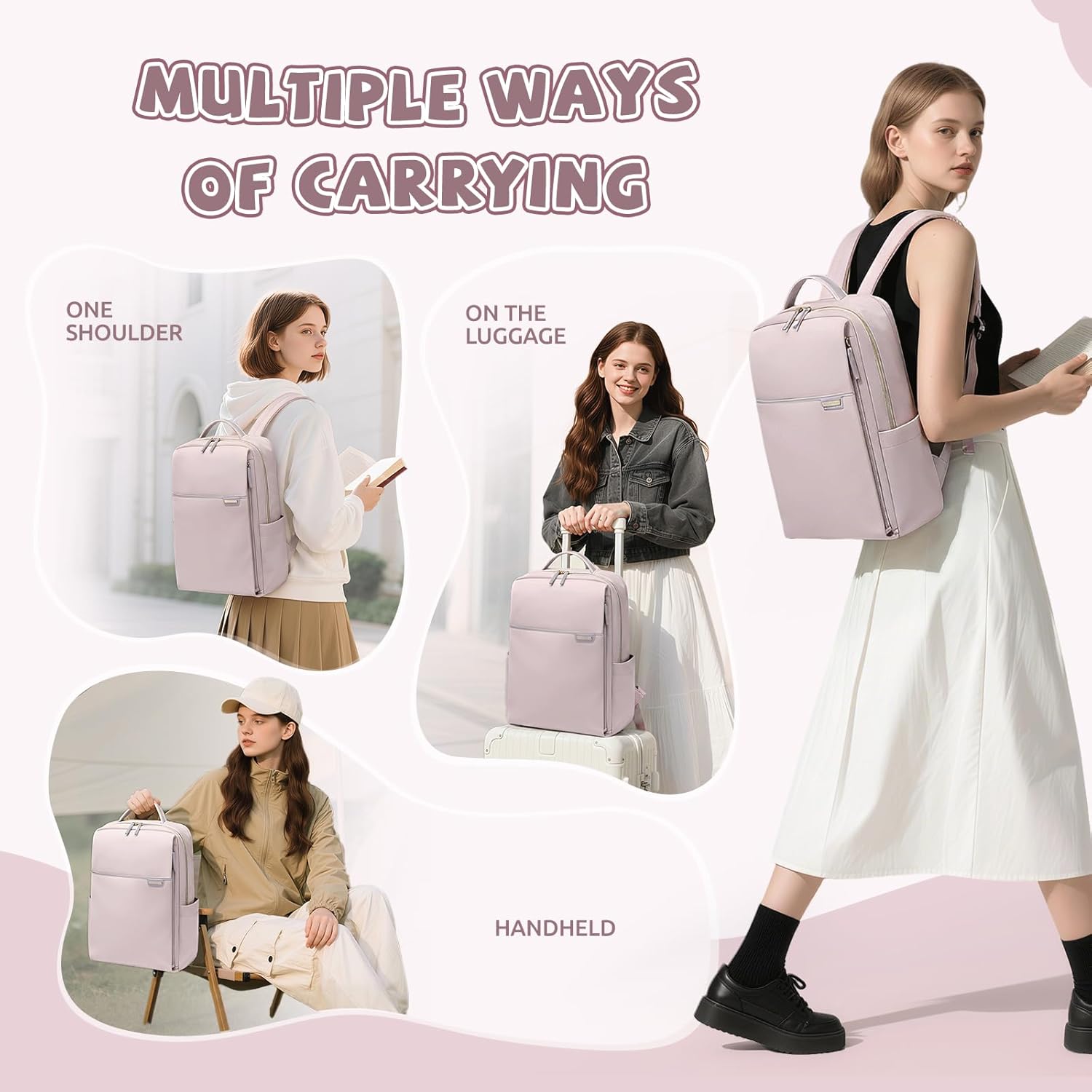 Laptop Backpack for Women, Work Business Traval Computer Backpacks with Laptop Compartment Waterproof Casual Daypack for Travel College,16Inch,Pinkish Grey - Image 4