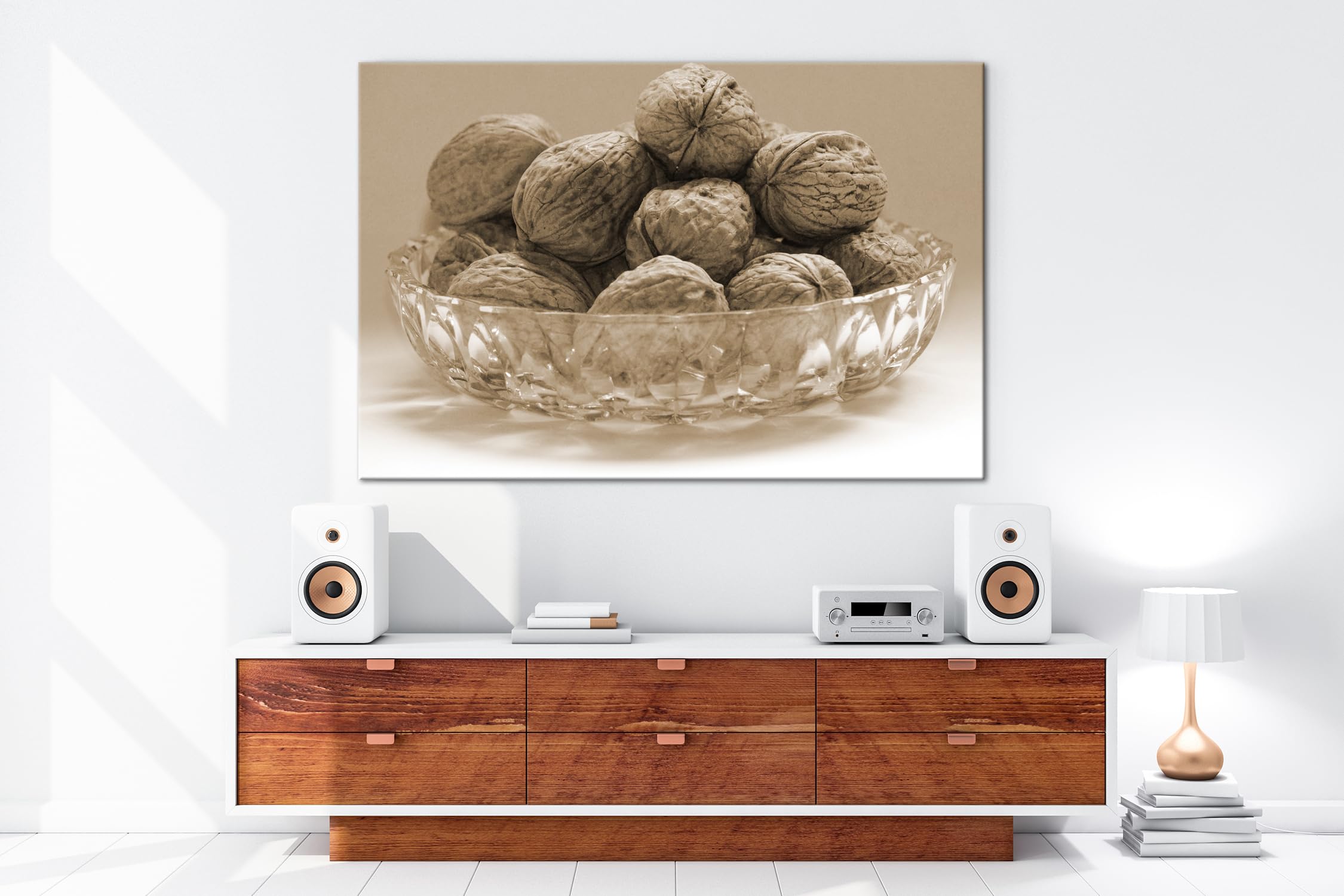 deyoli Chrupiące orzechy włoskie w skorupie Format: 75 x 50 cm Efekt: sepia jako obraz na płótnie, motyw oprawiony na ramie z prawdziwego drewna, wysokiej jakości druk cyfrowy z ramą