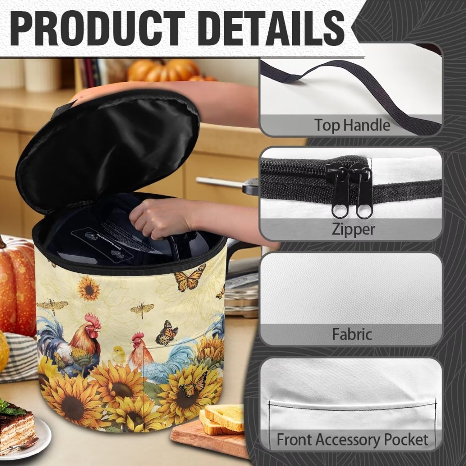 Sunflower Butterfly Rooster Print Carrier Bag for 6 Quart Instant Pot, Insulated Pressure Cooker Travel Bag with Zipper Closure Carrying Strap, and Front Pocket for Pressure Cooker Cover