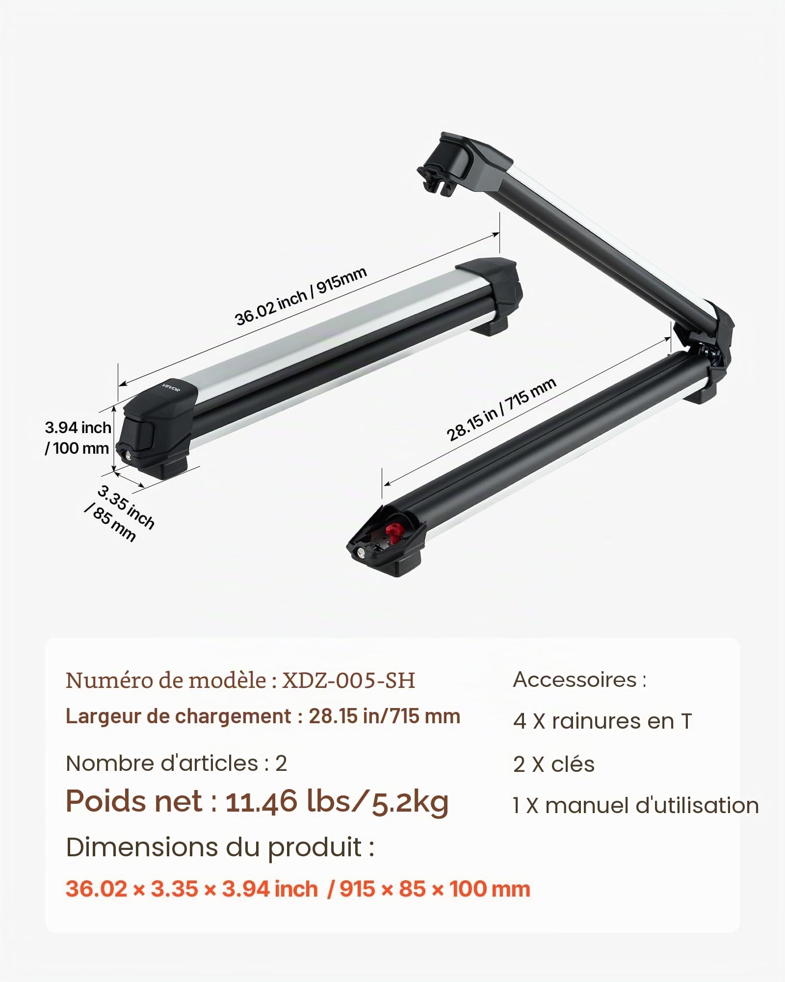 VEVOR Porte-Skis sur Barre de Toit, 2 pcs, Support pour Planche à Neige Universel en Alu avec verrou, pour 6 Paires de Skis ou 4 Planches, Compatible avec la Plupart des Barres transversales à Fentes