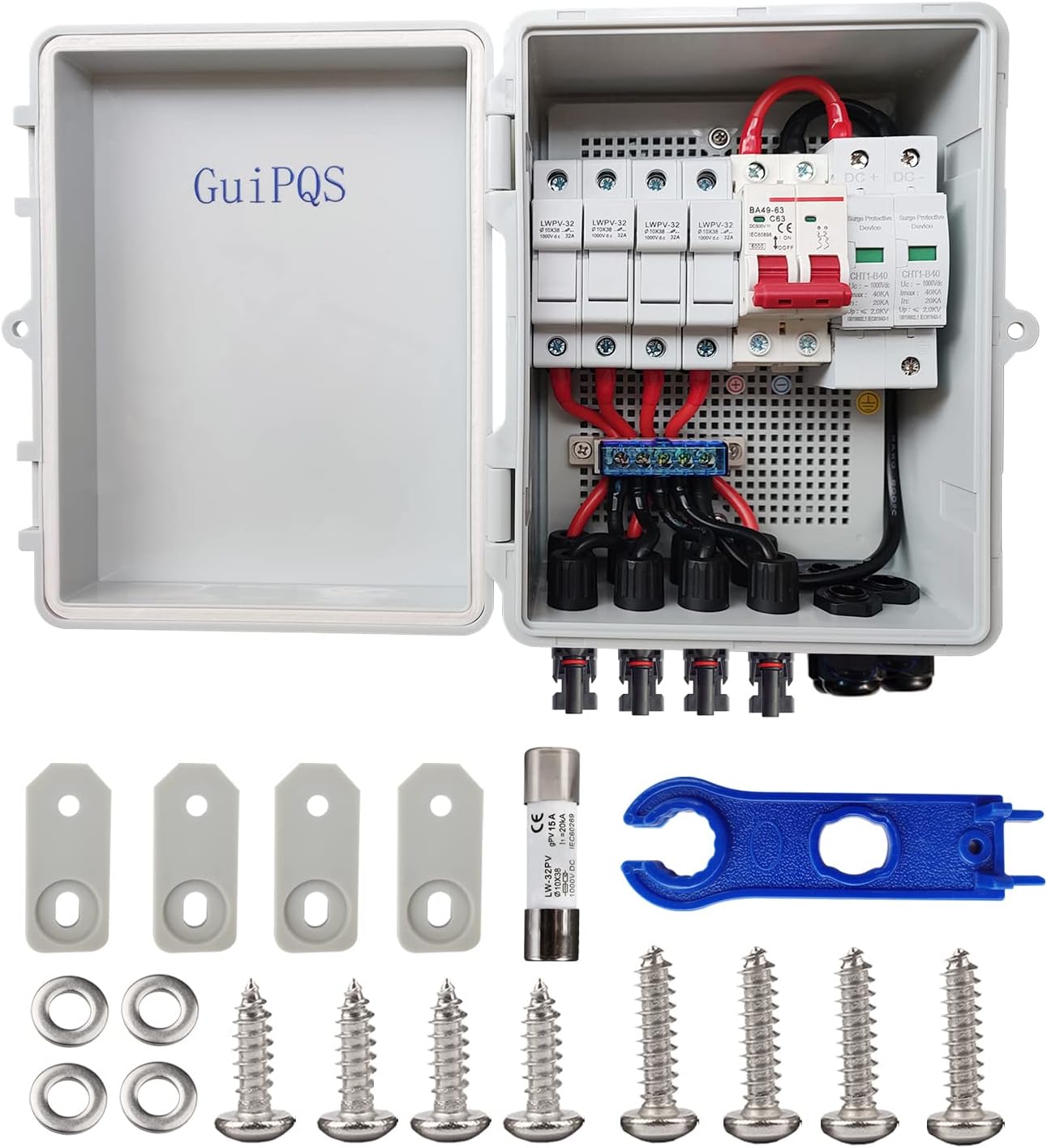 PV Combiner Box 4 String pv Combiner Box Solar Combiner Box Lightning Arreste for On/Off Grid Solar Panel System Solar Panels, 10AWG Solar Panel Wire IP 65 Waterproof