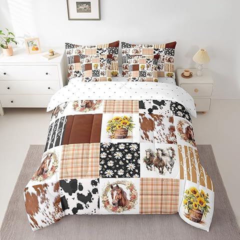 Feelyou Horse Bedding Set Twin Size 7 Pieces Cowboy Cow Fur Farm Geometric Stripes Comforter Set Daisy Sunflower Bed in a Bag with Comforter, Sheets, Pillowcases & Cushion Cover Room Decor