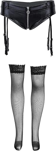 Miniatura 5 de ohyeahlady Pantalones cortos de piel sintética con cremallera para mujer, pantalones cortos flexibles de discoteca con liguero XS-4XL