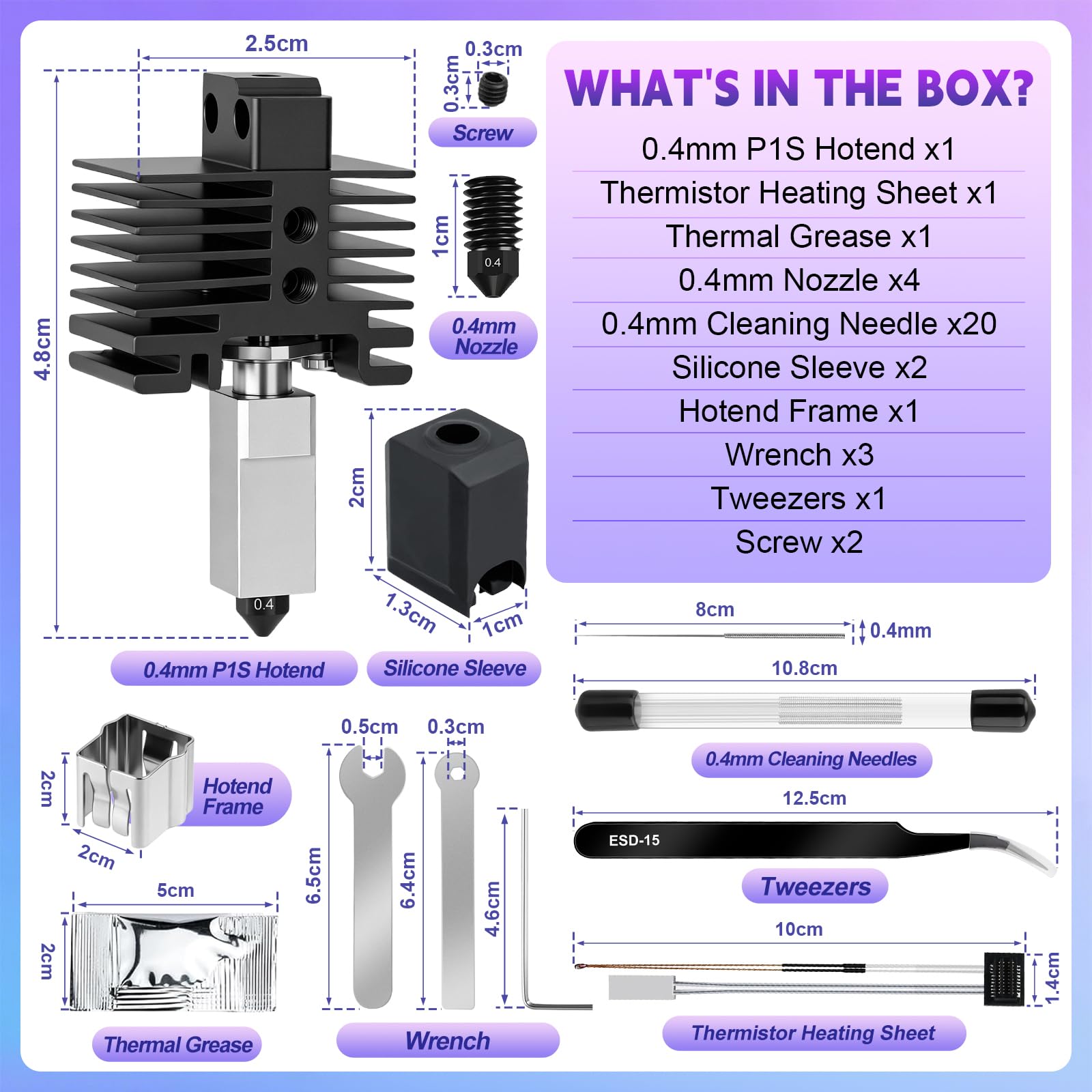 36 sztuk 0,4 mm P1P, P1S Hotend, kompletny zestaw do drukarki 3D serii P1, wytłaczarka Hot End z wentylatorem