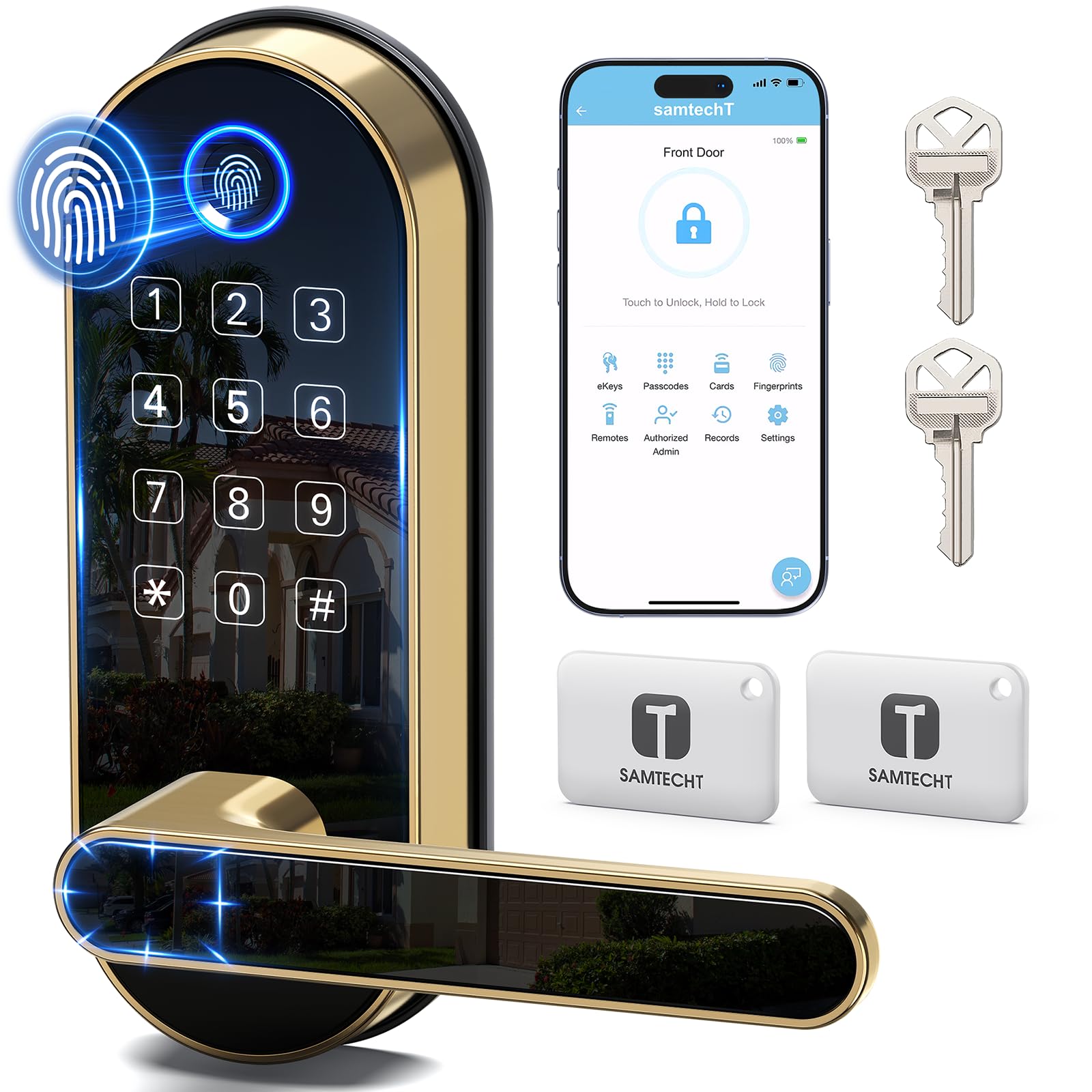 Bluetooth Fingerprint Smart Lock with Handle & Keypad β Fits Most US Doors, DIY Install, Keyless Entry: Code, FOB, Auto-Lock. Ideal for Home, Airbnb, Rental, Kids, Seniors. Alexa & Google Compatible