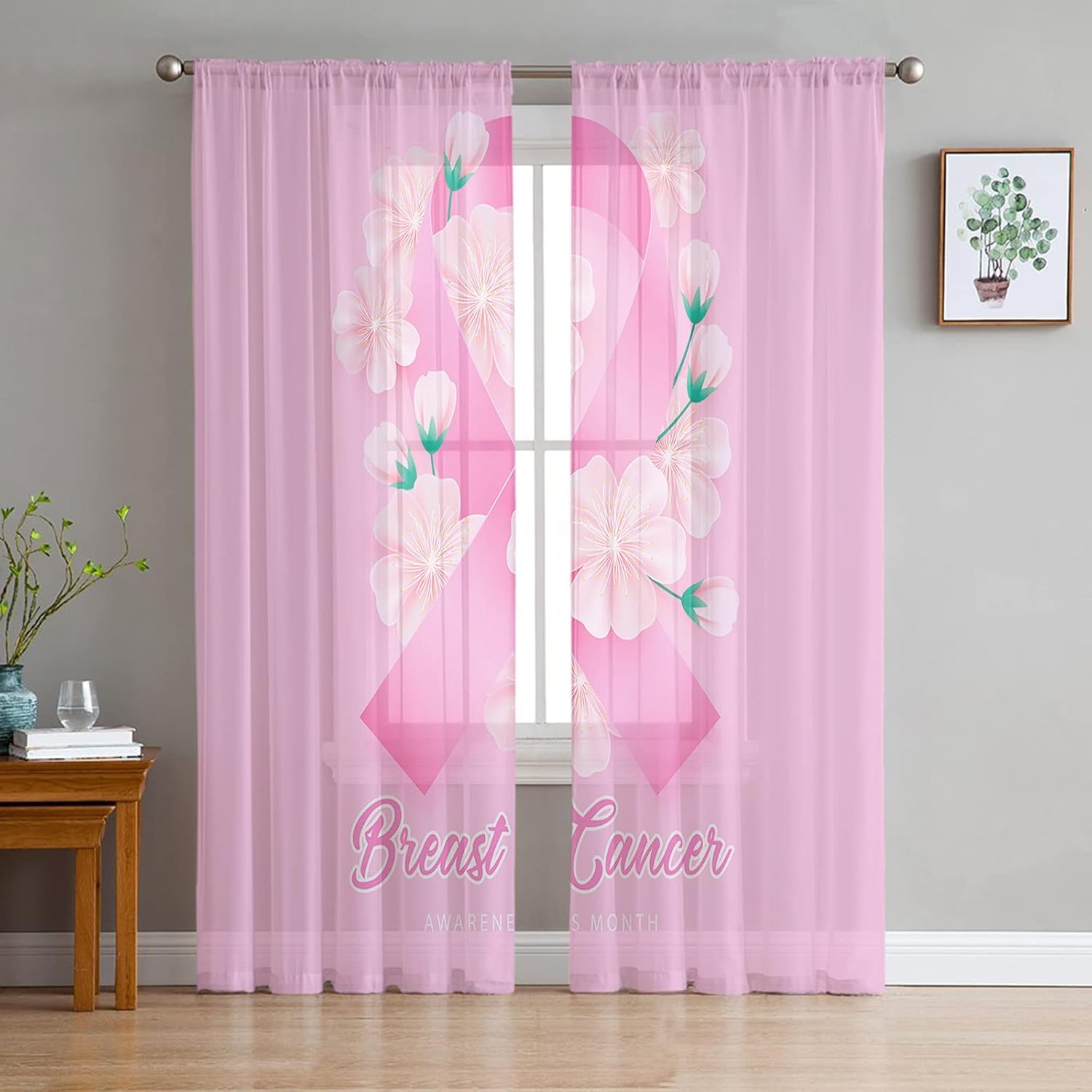 Breast Cancer Awareness Month Sheer Curtains 108 Inches Length 2 Panels Set Bedroom